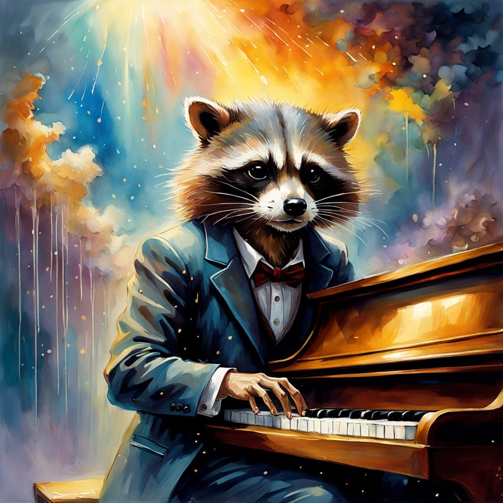 Raccoon Jazz Club Watercolor in Beatrix Potter Style