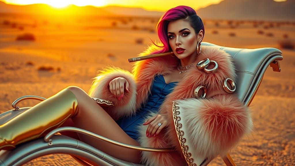 Glamorous Cruella Reclines in Desert Sunset Elegance