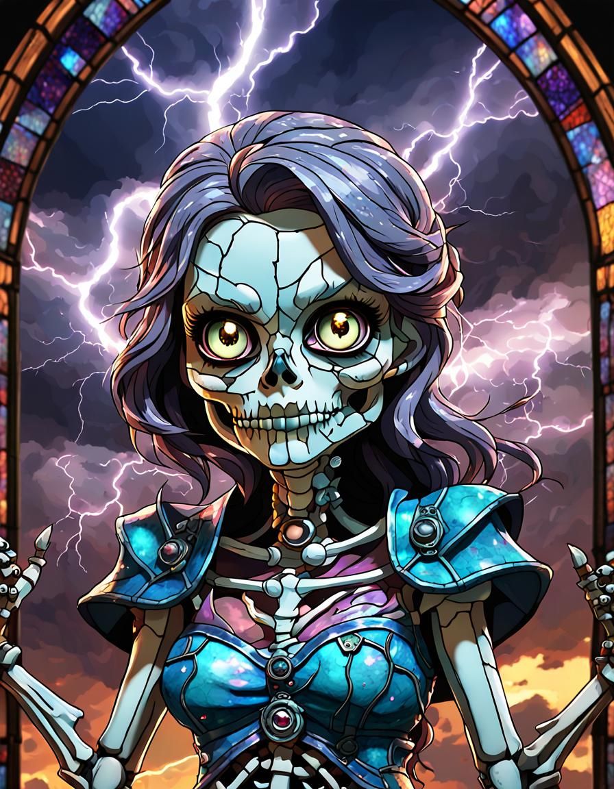 Anime Stained Glass Skeleton Waifu Ogre with Lightning
