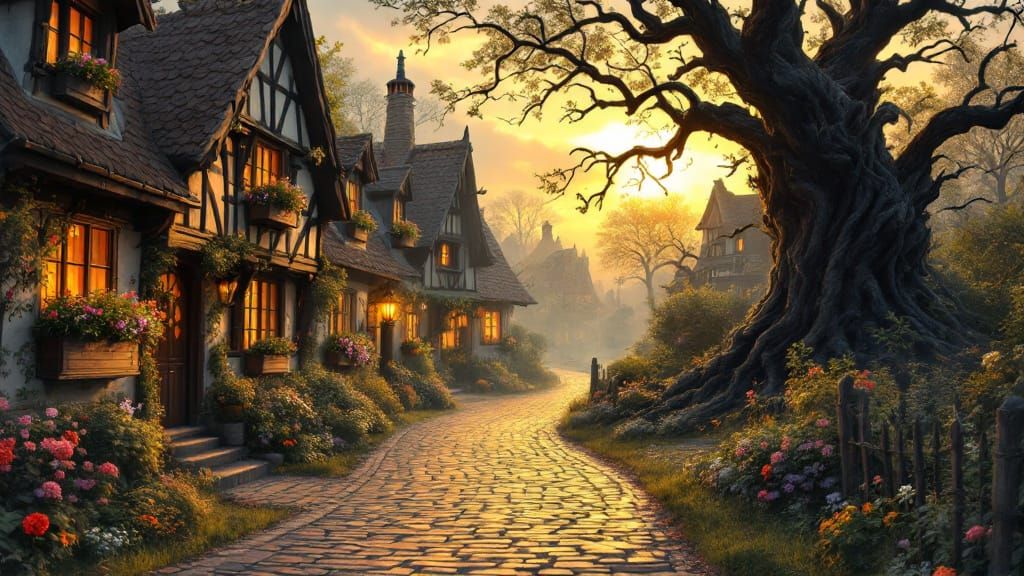 Charming Village Meets Witch's Hut in Dreamlike Illustration