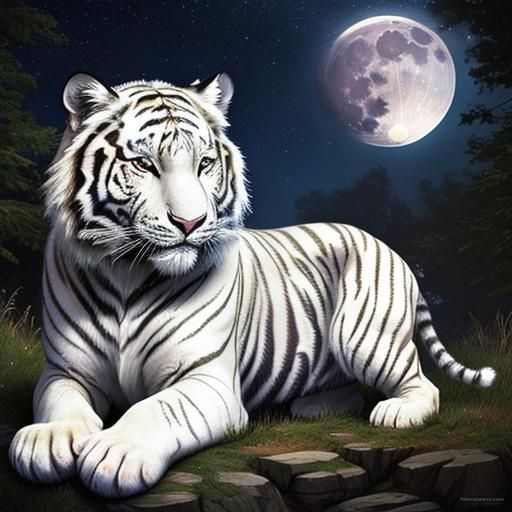 Fantasy White Tiger Under Starry Night