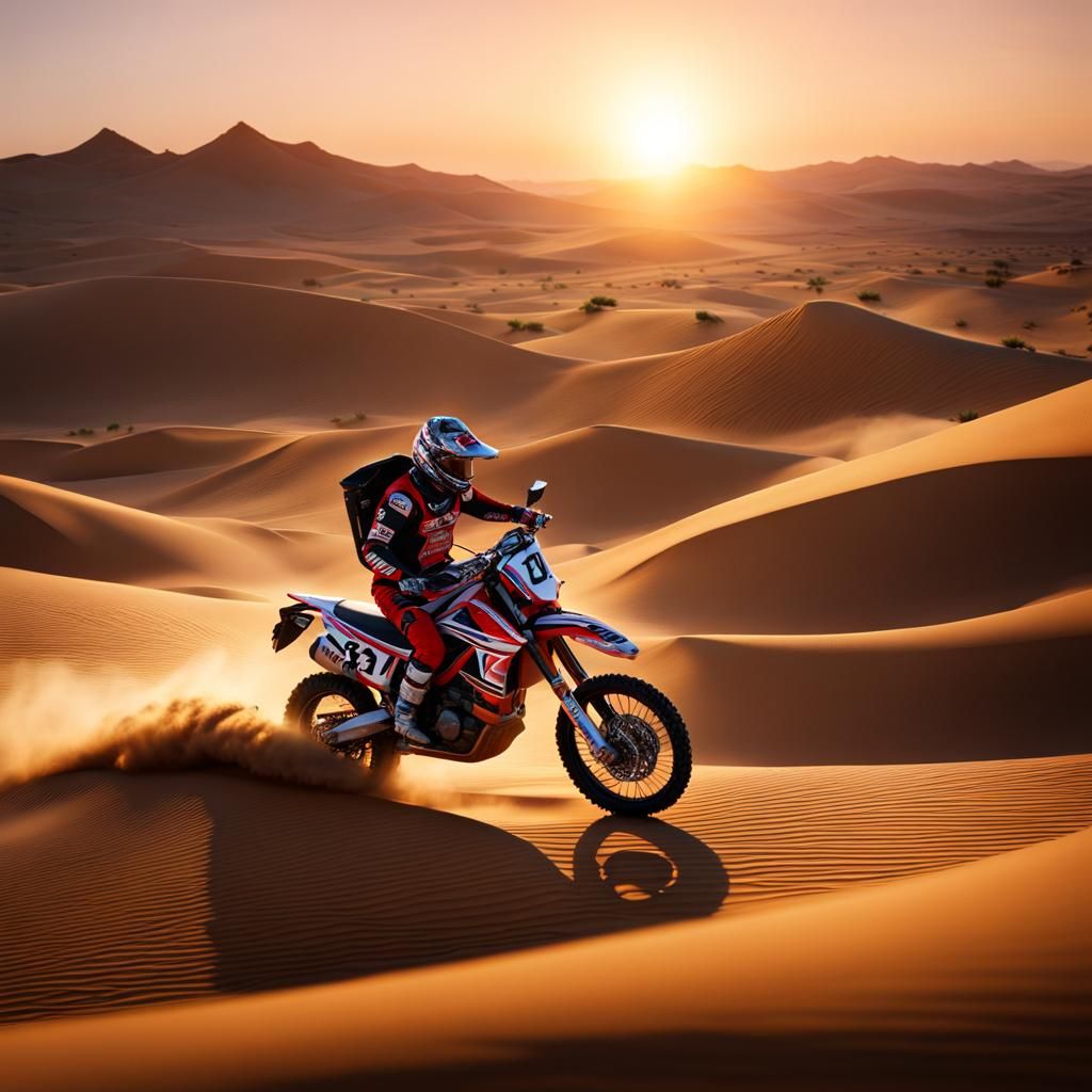Dakar Rally Motorcycle Jumps Dune at Sunrise