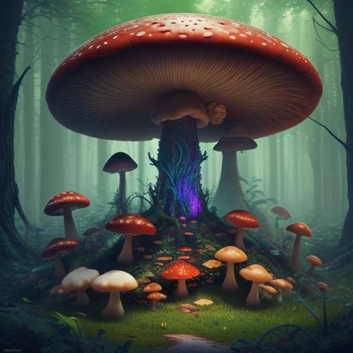 Hallucinogenic Mushroom Forest: Detailed Matte Painting