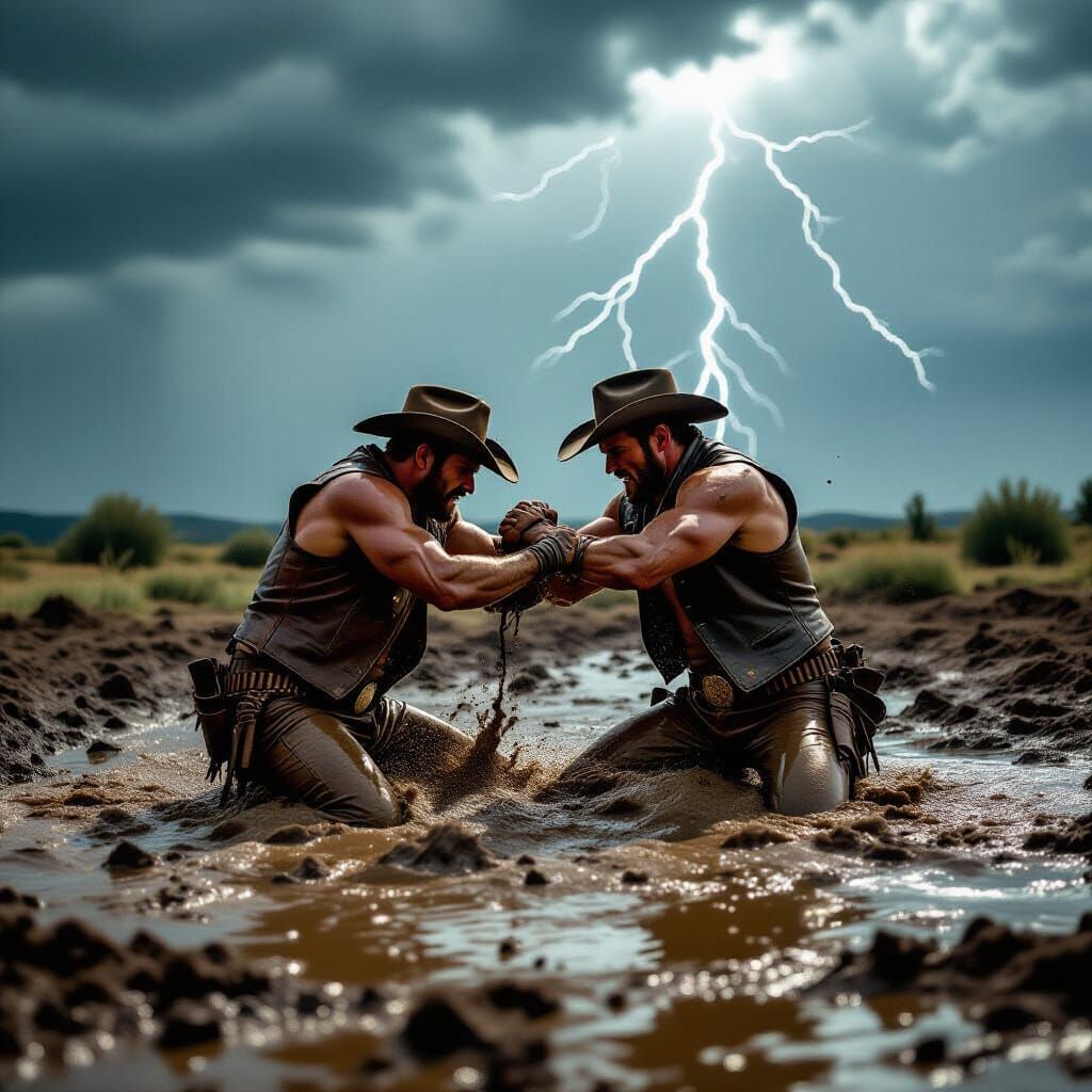 Cowboys Wrestle in Mud Under Stormy Sky