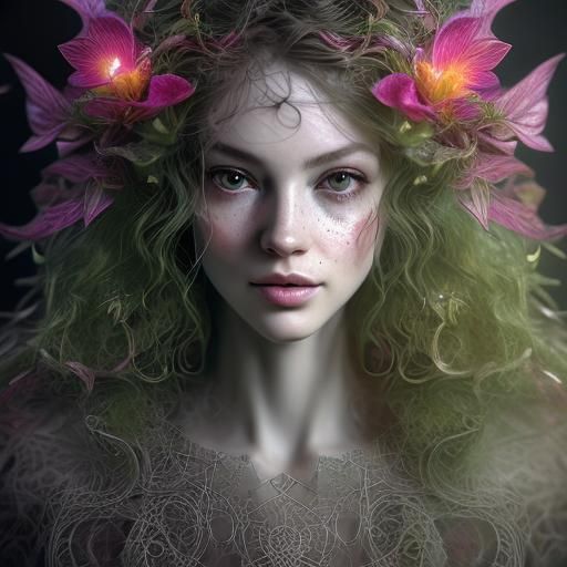 Pixie-Elf Child in Floral Dress with Intricate Details