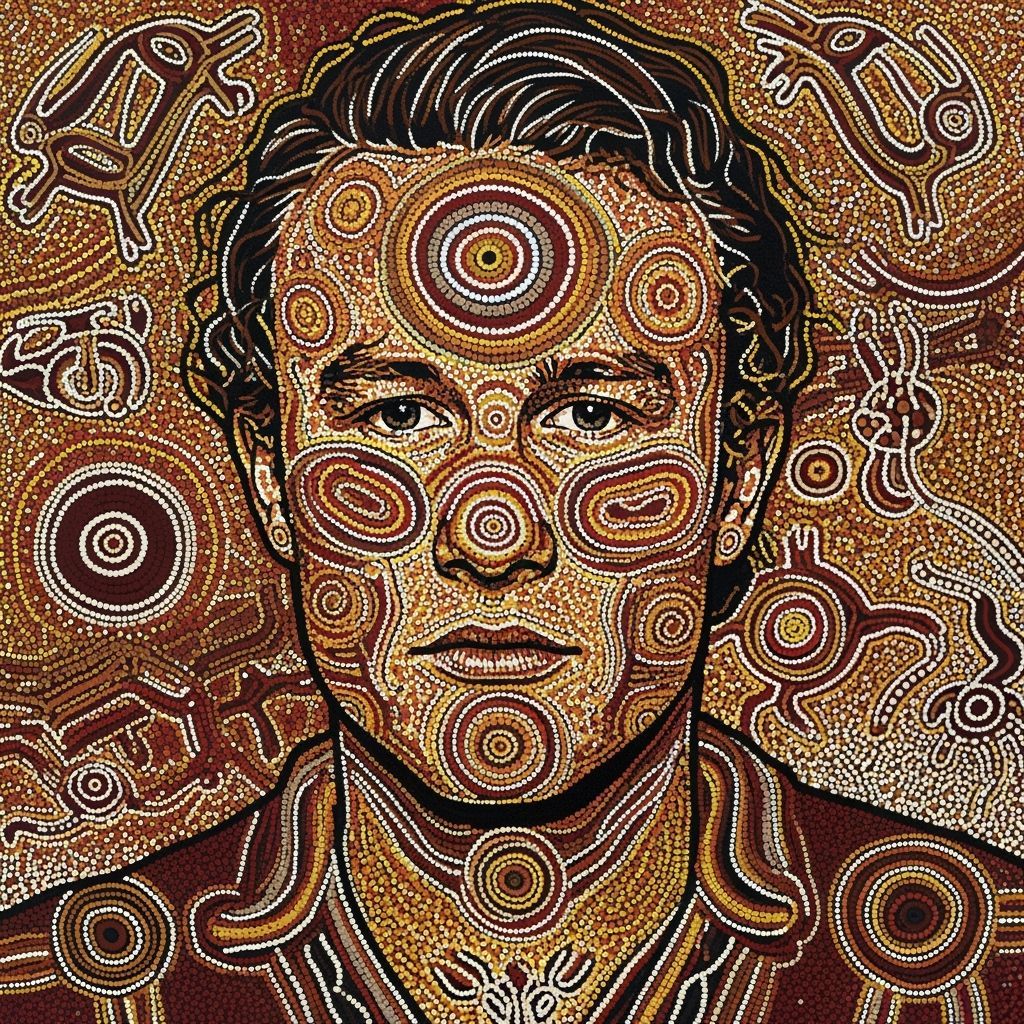 Heath Ledger Portrait in Aboriginal Dot Painting Style