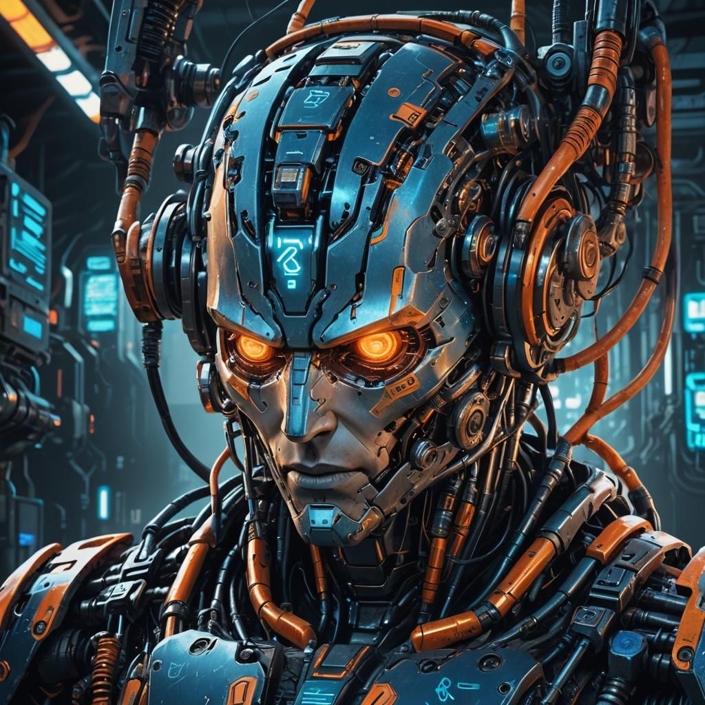 Menacing Android in Cyberpunk Laboratory, Concept Art