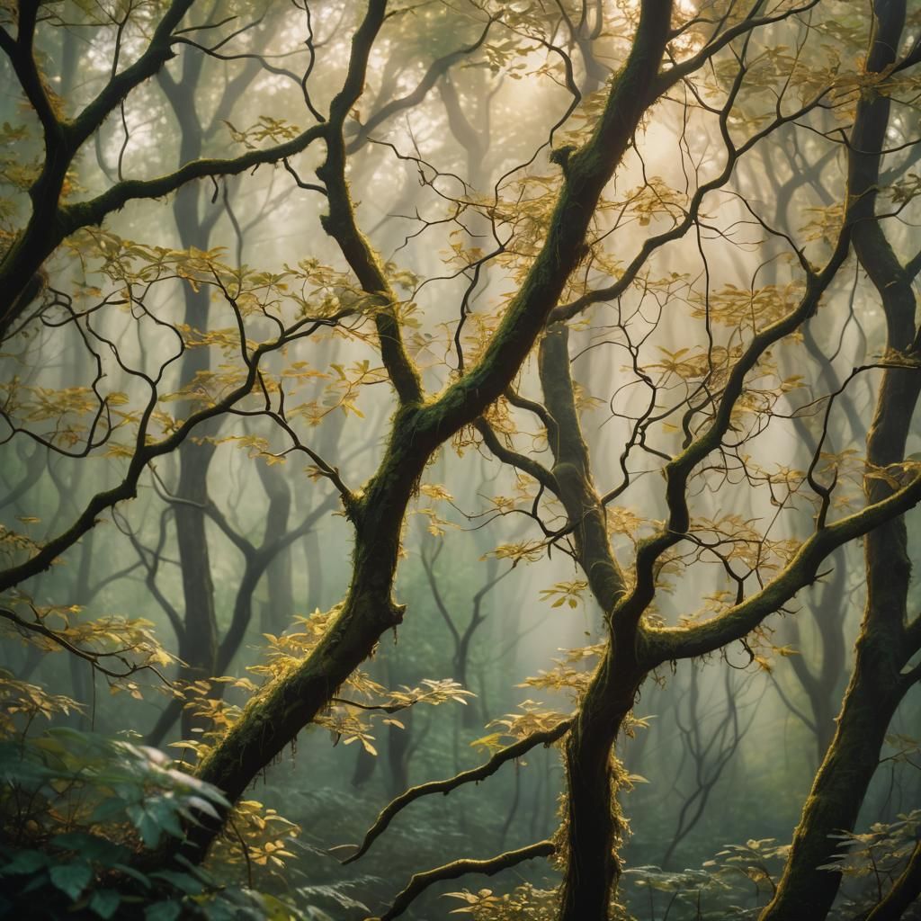 Romantic Surrealism: Intertwined Branches in Golden Light