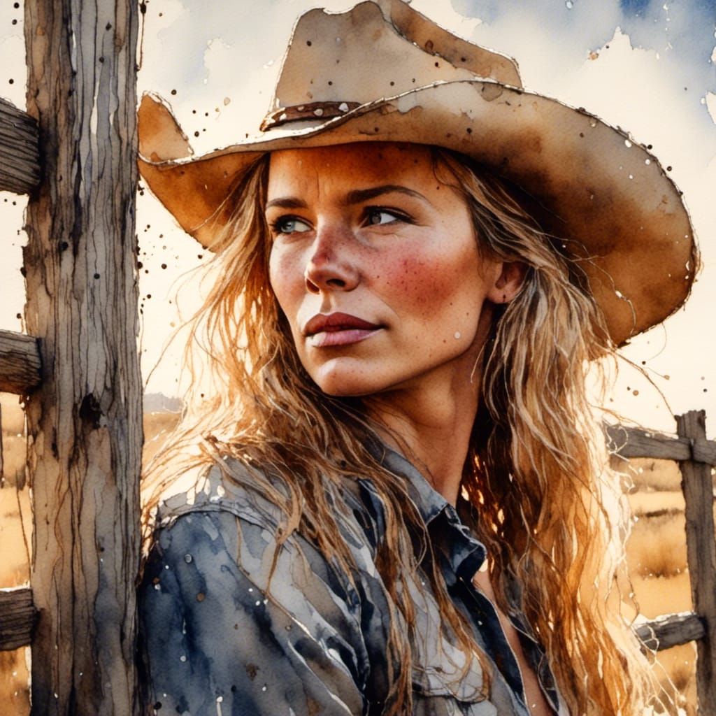 Cowgirl Portrait in Watercolor Style