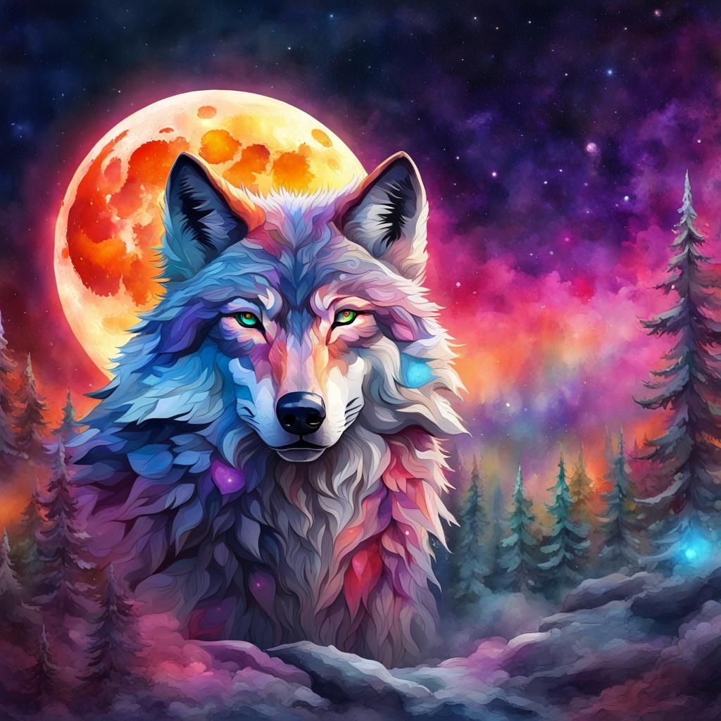 Crystal Wolf in Front of Moon: Watercolor Fantasy