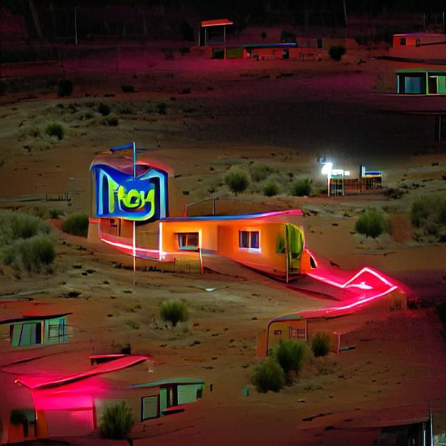 Neon Motel in Desert Night Landscape