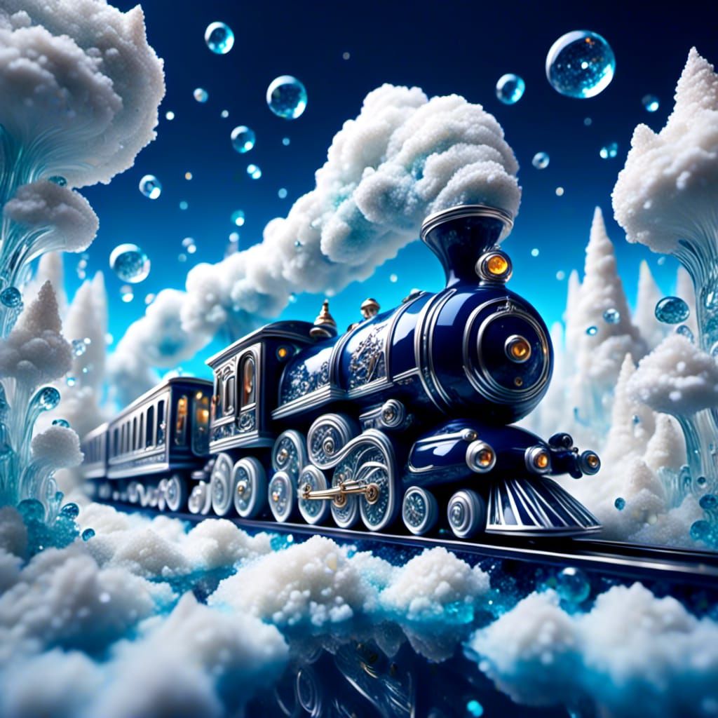 Navy Blue Train Ascends into Cloudy Heaven