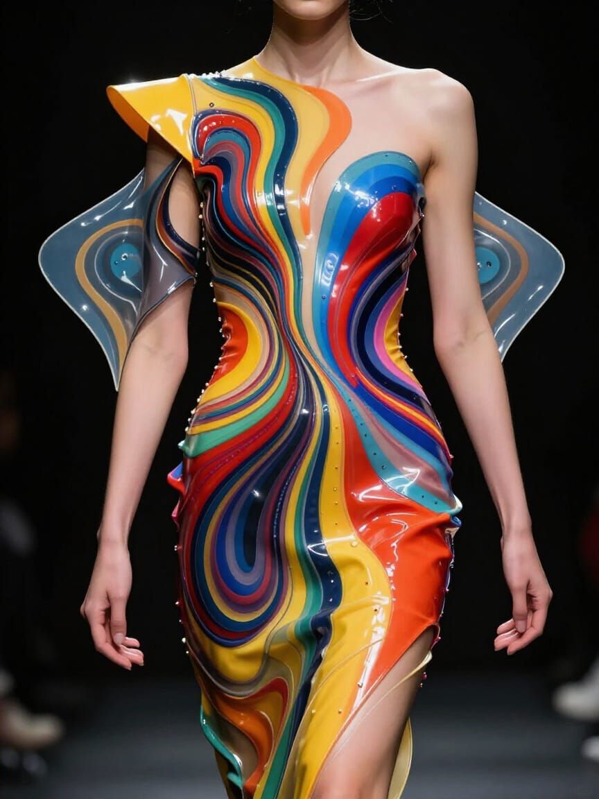 Bold Latex Dress with Vibrant Dynamic Patterns