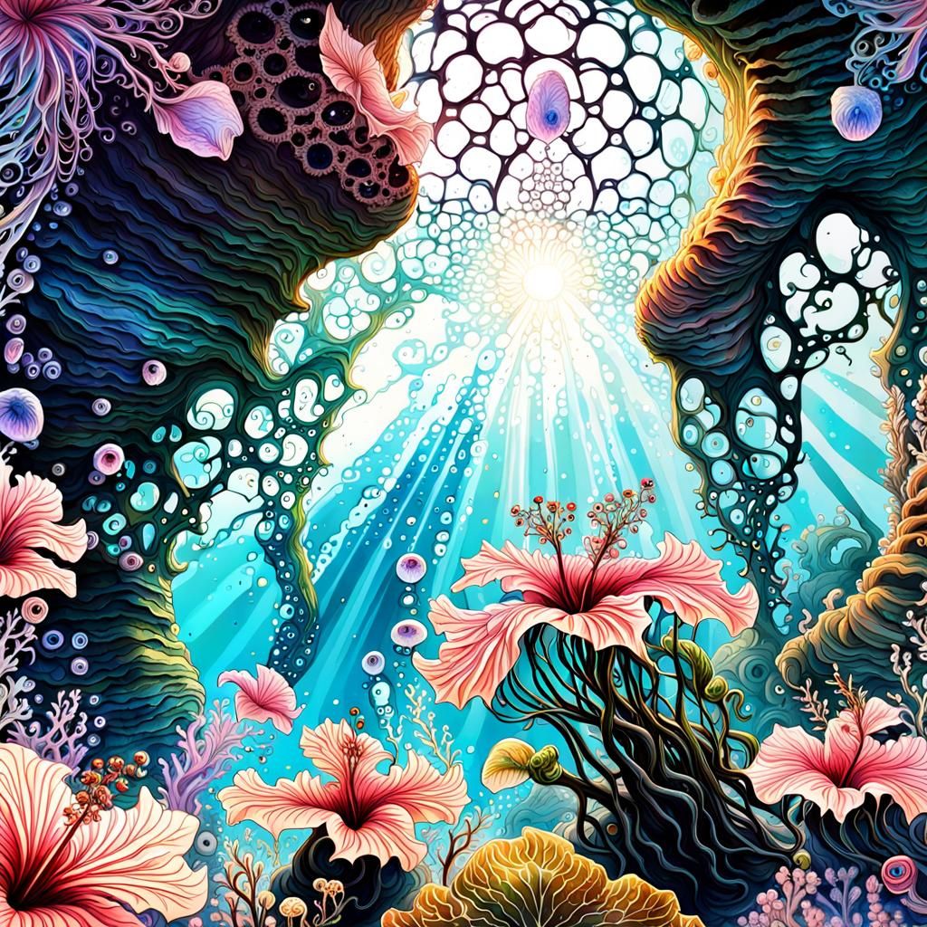 Underwater Fractal Garden with Glowing Eyes