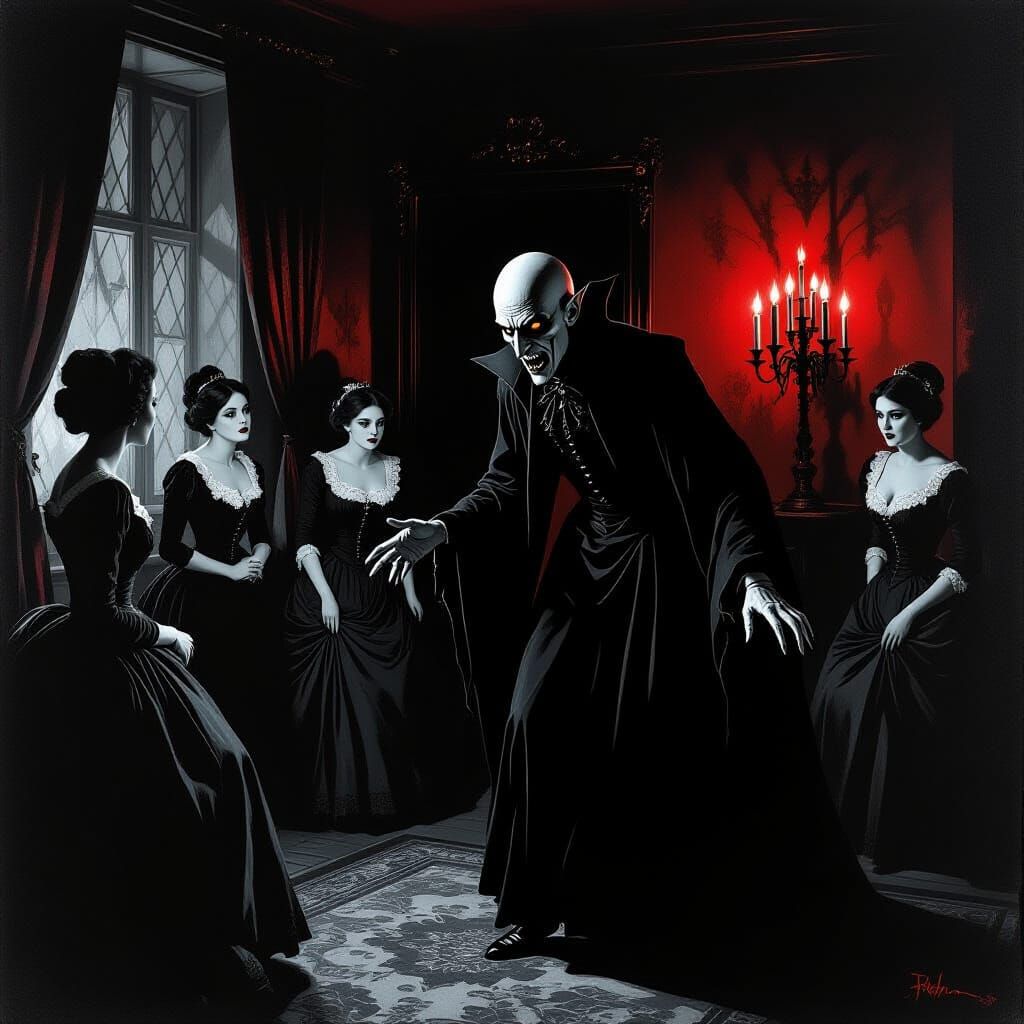 Nosferatu Orlok Attacks Servants in Gothic Horror Scene