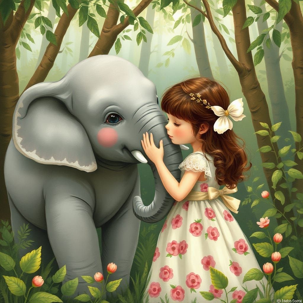 Girl Kisses Elephant in Lush Jungle, Beatrix Potter Style