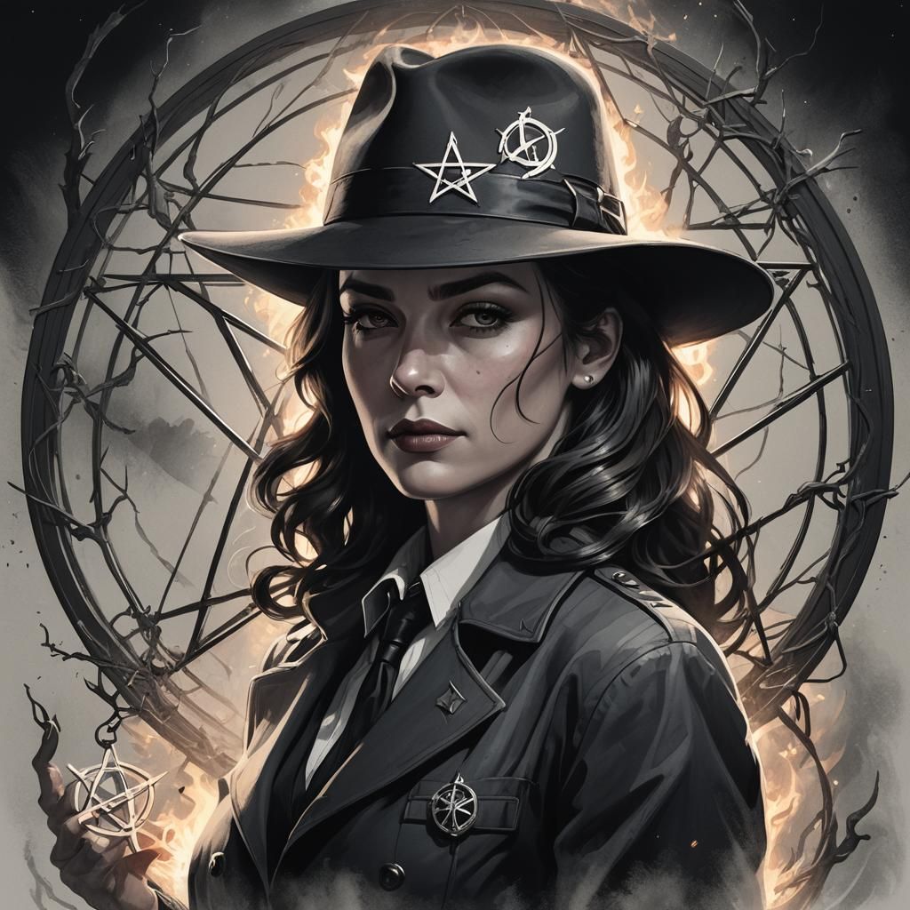 WWII Spy Holding Pentacle in Film Noir Style