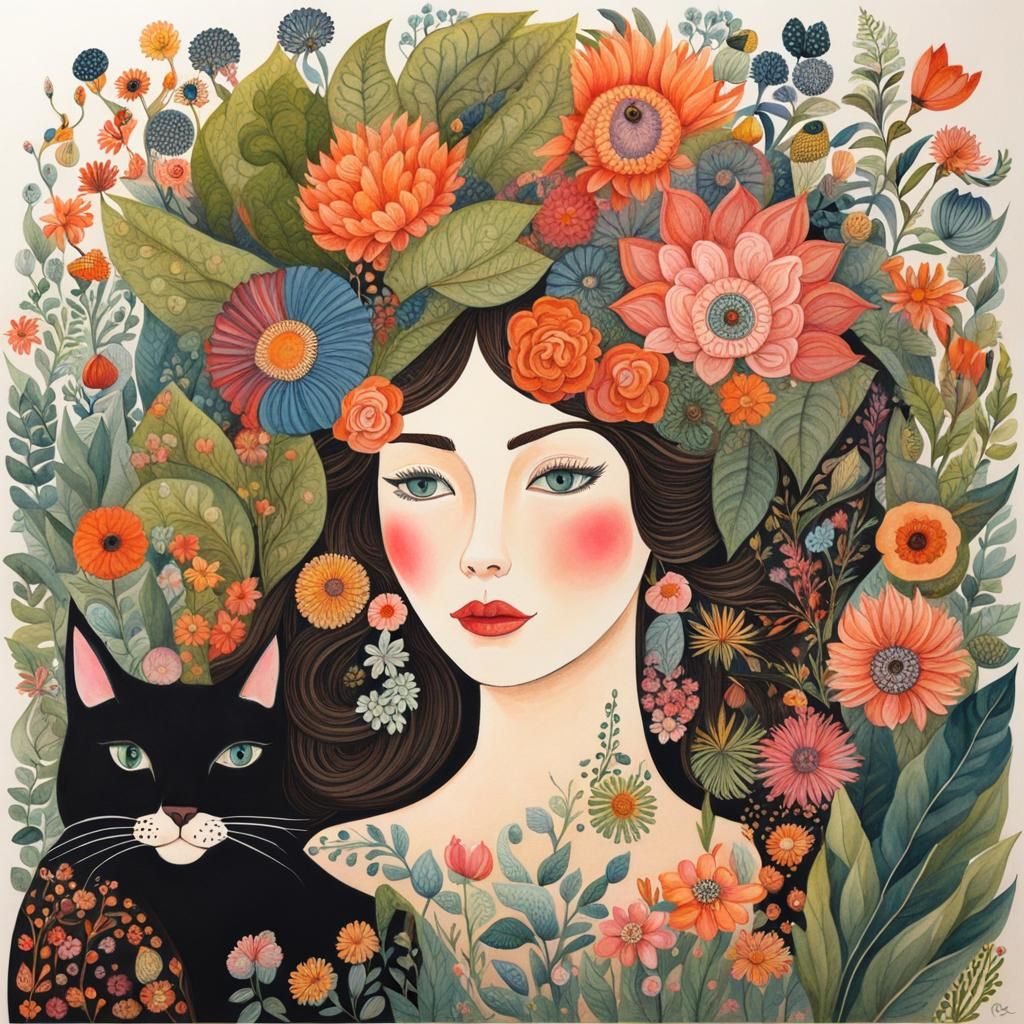 Woman with Flowers, Zentangle Gouache Watercolor