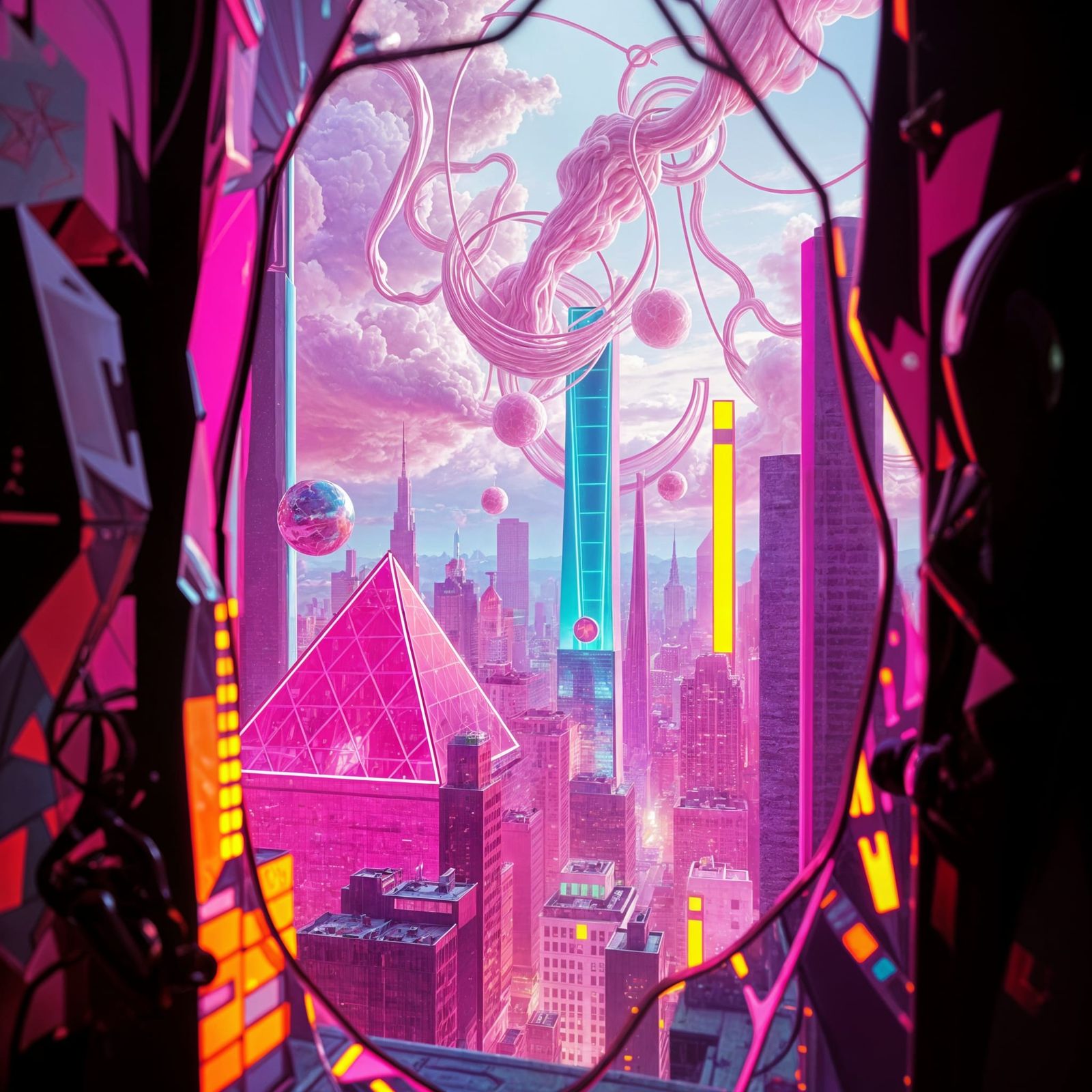 Surreal Cityscape with Neon Geometric Shapes and Whispy Clou...
