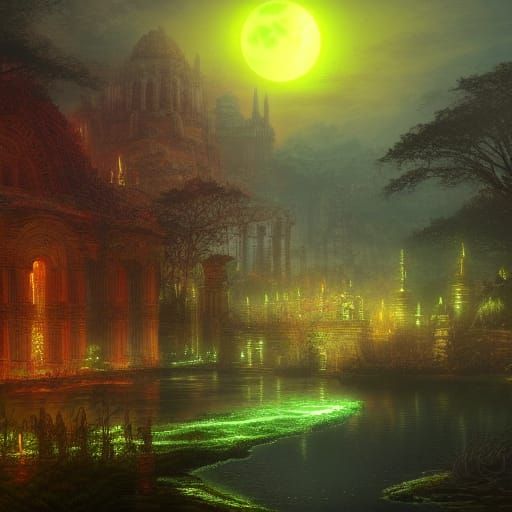 Glowing Ancient City at Sunset: Fantasy Concept Art
