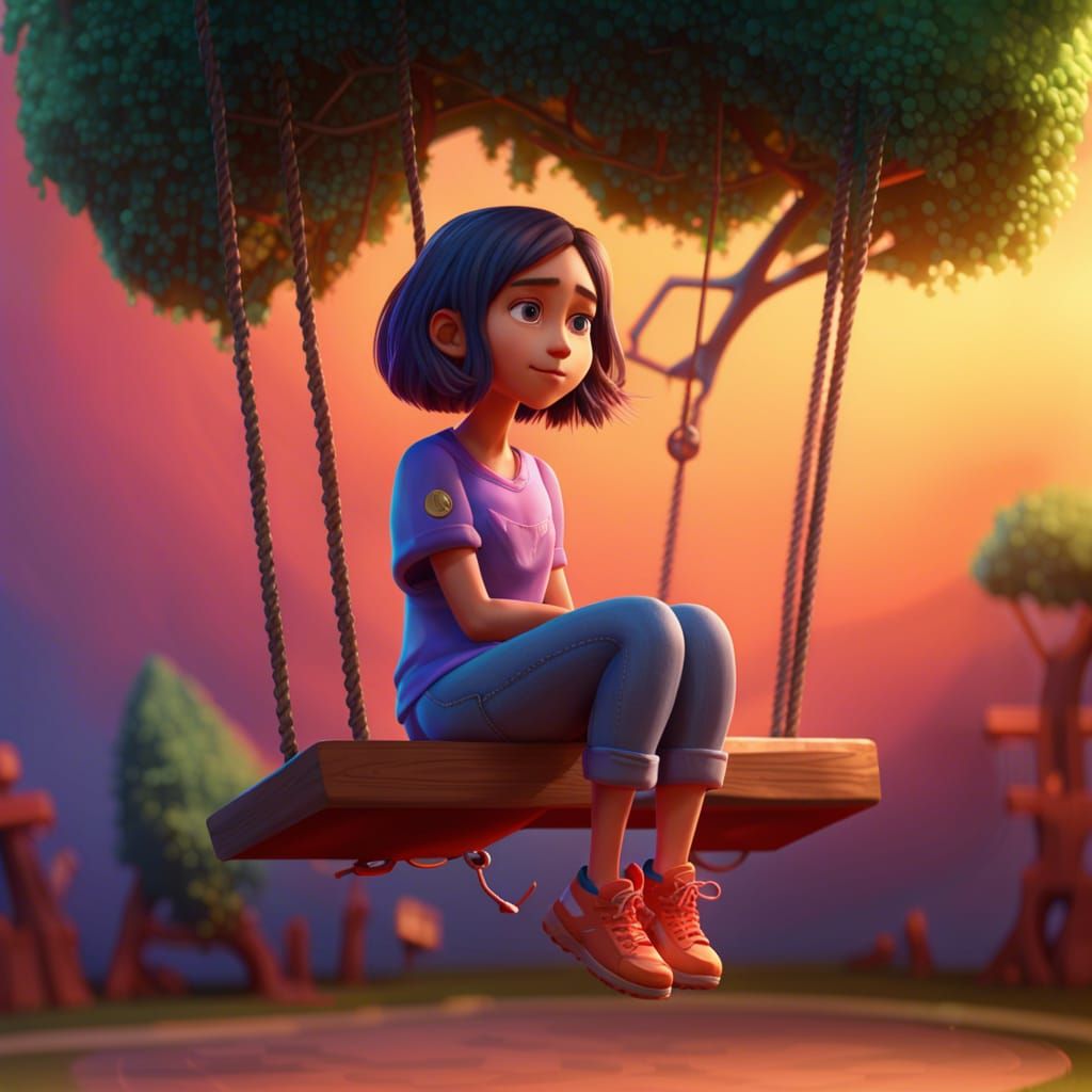 Girl on Tree Swing: Pixar-Style 3D Digital Art