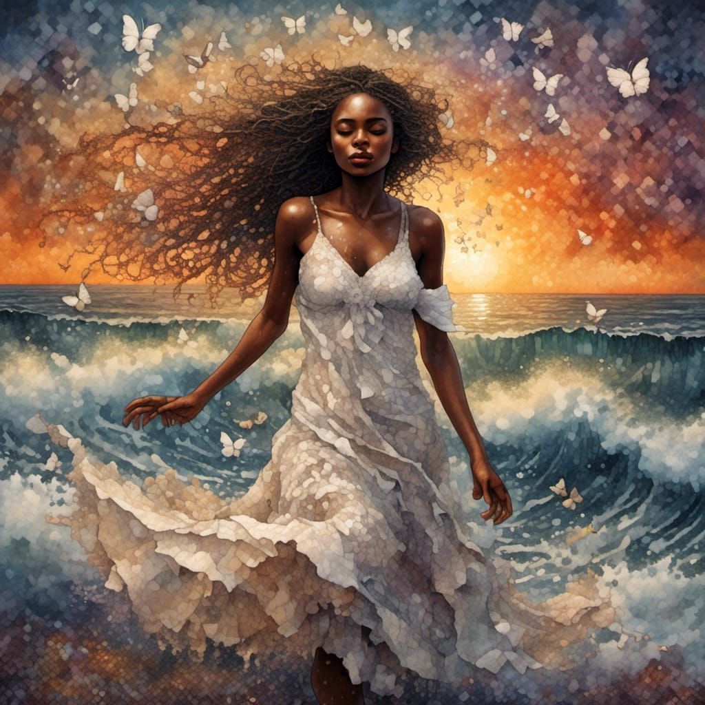 Woman in Butterfly Dress Running on Beach