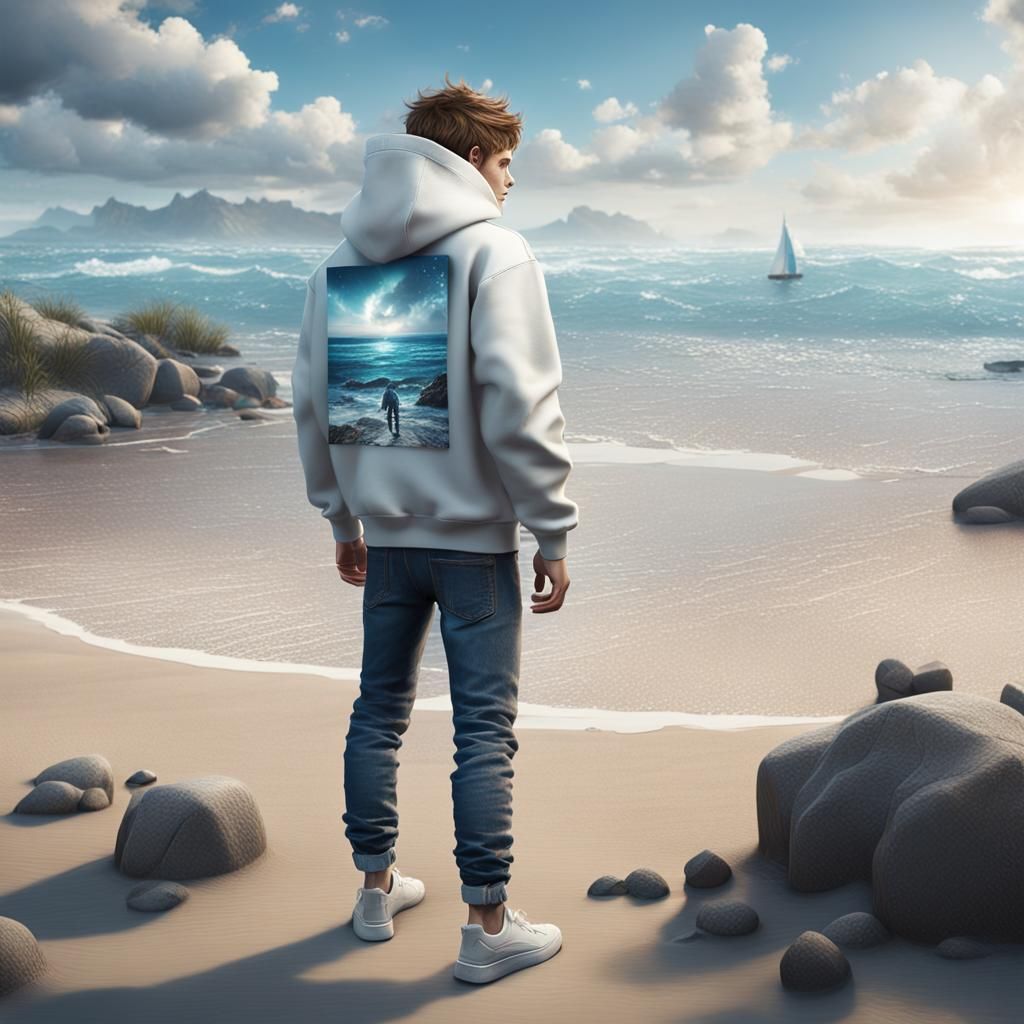 Boy with Hoodie and Sneakers on Beach