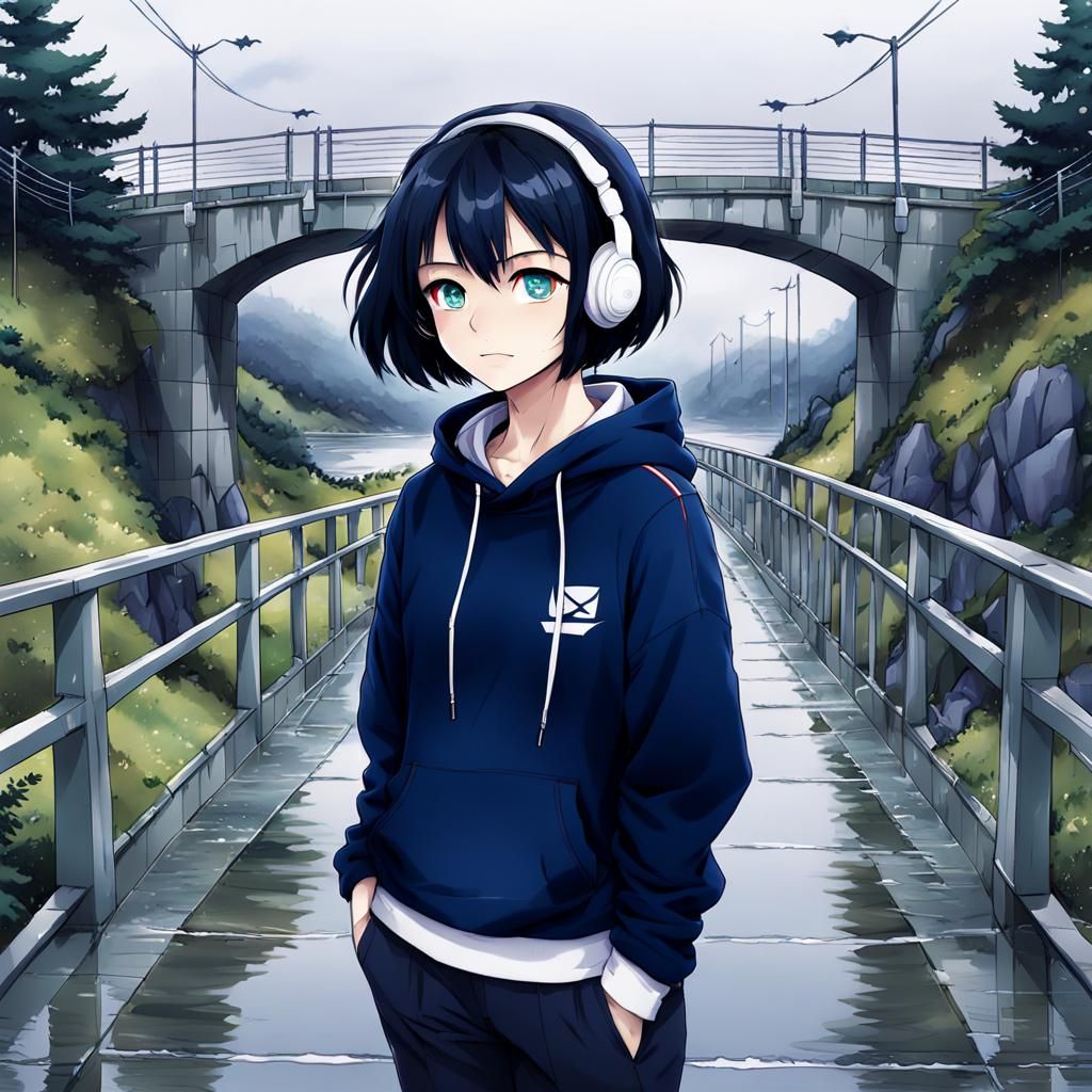 Anime Girl on Bridge in Overcast Weather