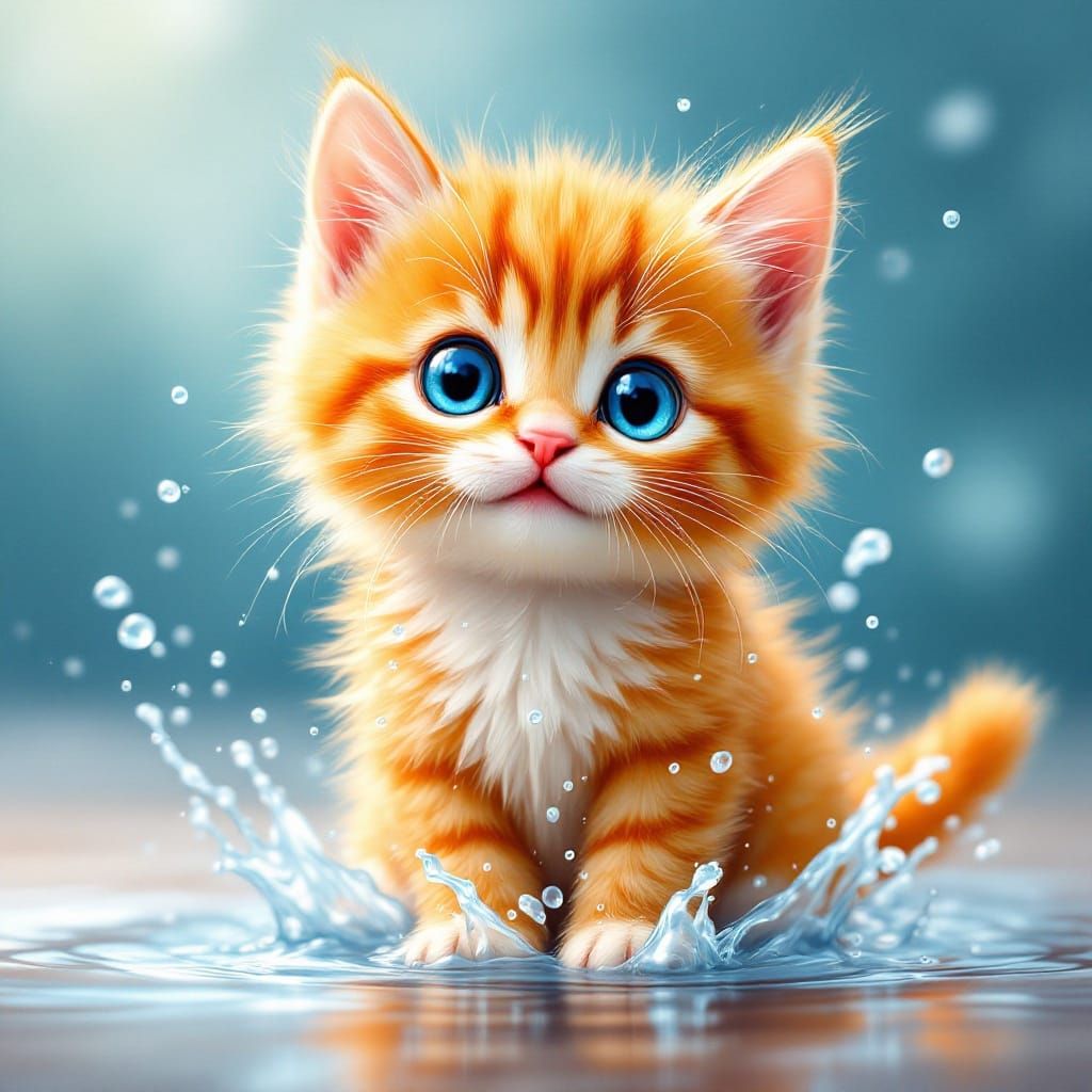 Stylized Orange Kitten in Whimsical Water Scene