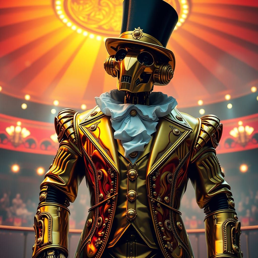 Robust Golden-Plated Robot Ringmaster in Baroque Circus Atti...