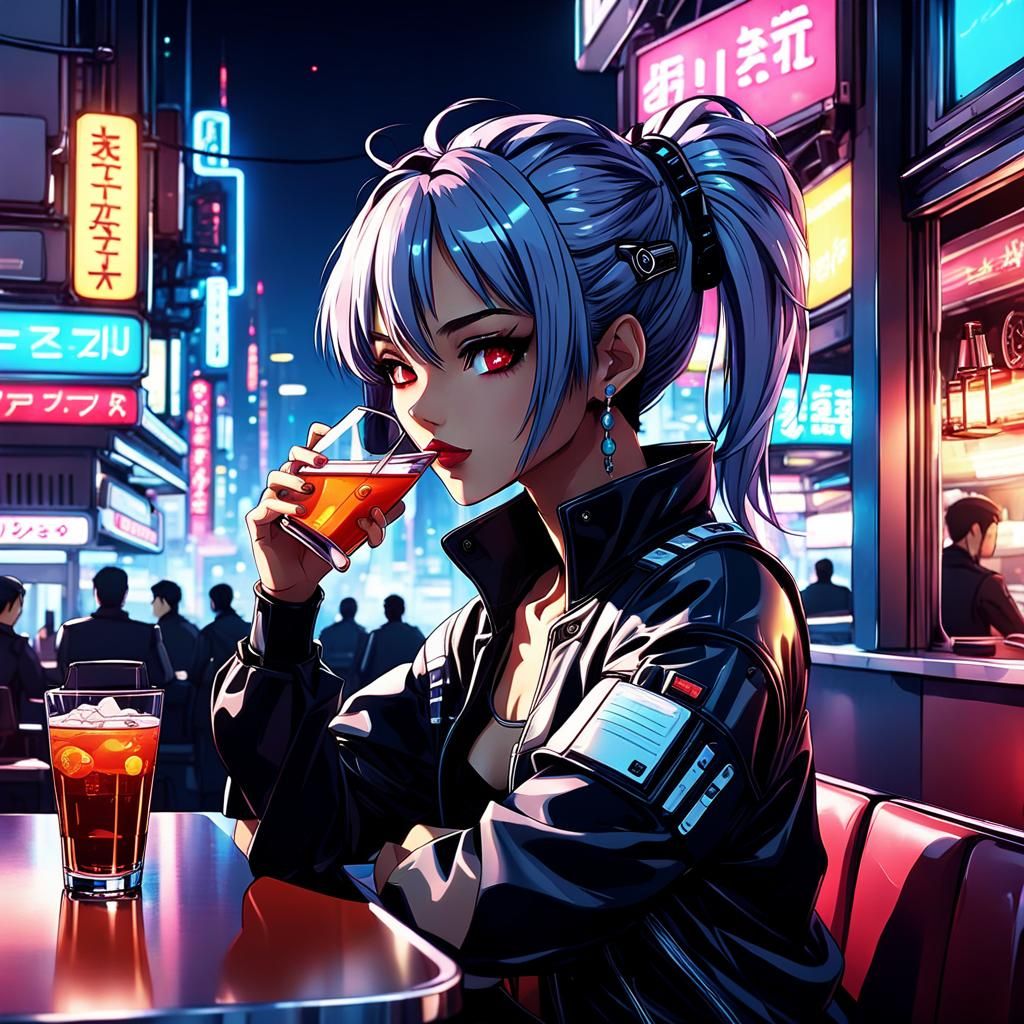 Cyberpunk Anime Girl in City Diner at Night