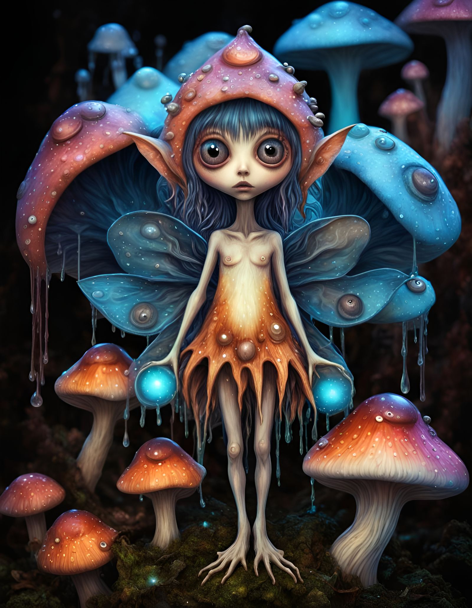 Whimsical Fungal Fairy in Pop-Surrealist Style
