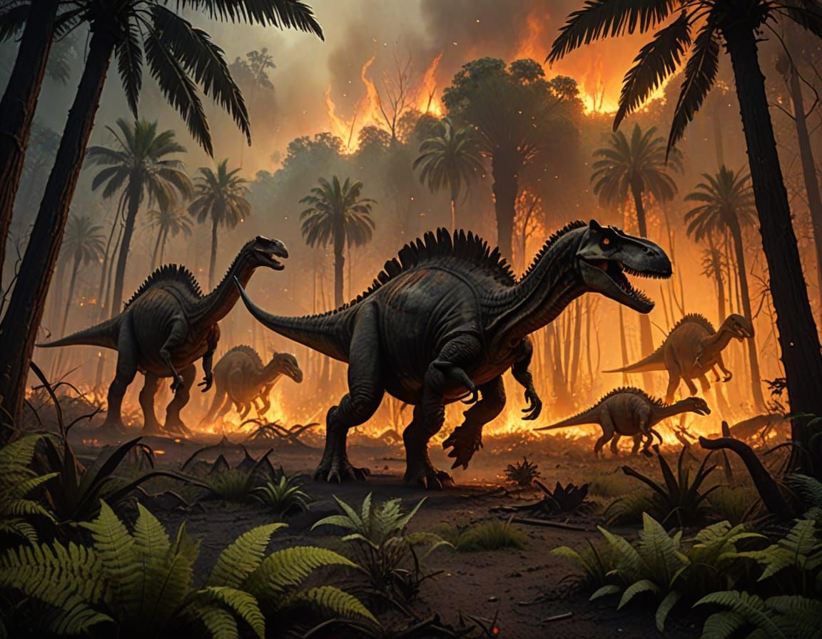 Jurassic Herbivores Stampede Through Forest Fire