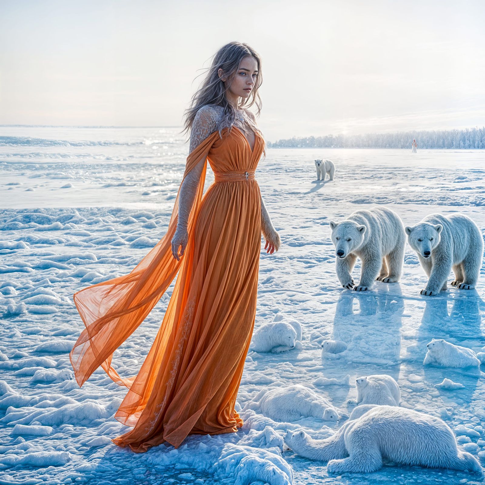 Vibrant Ice Queen Stands Amidst Polar Bears and Frozen Lake