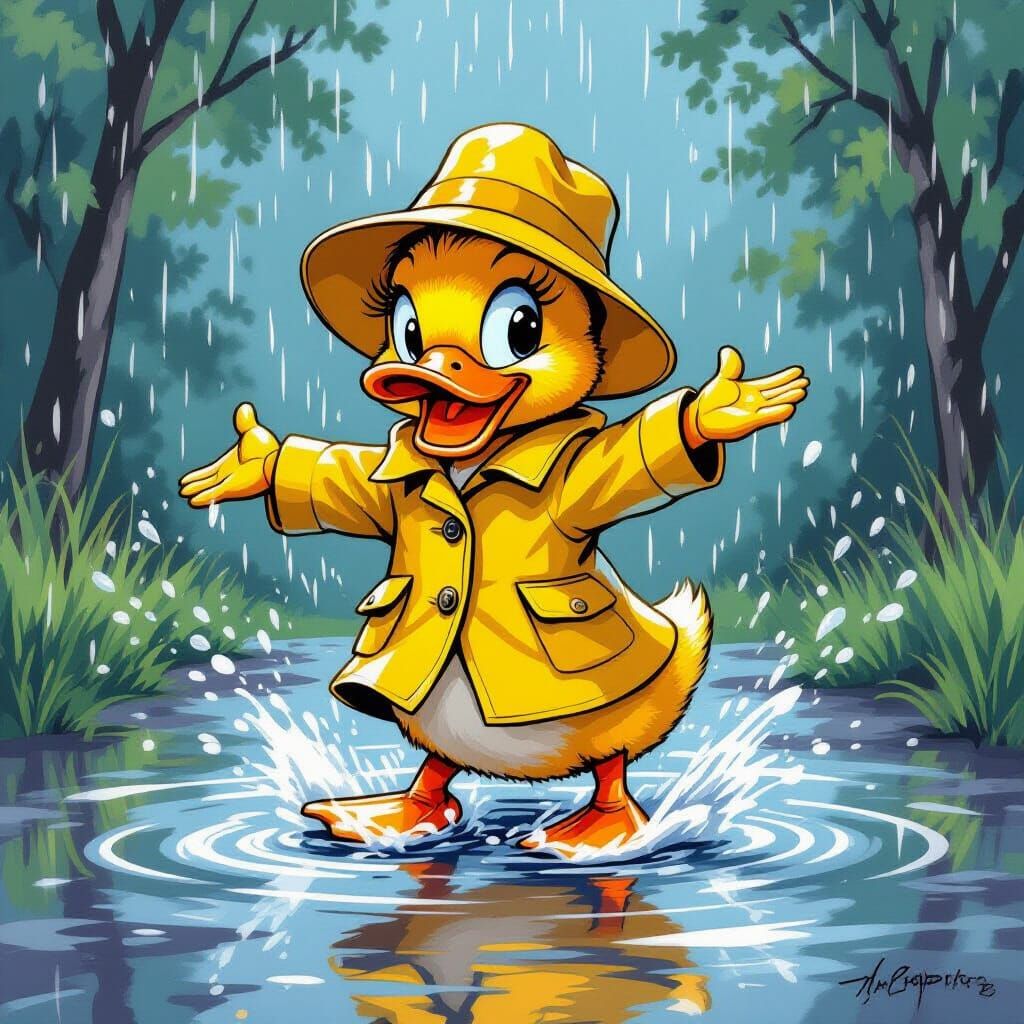 Dancing Duckling in Raincoat, Caricature Style