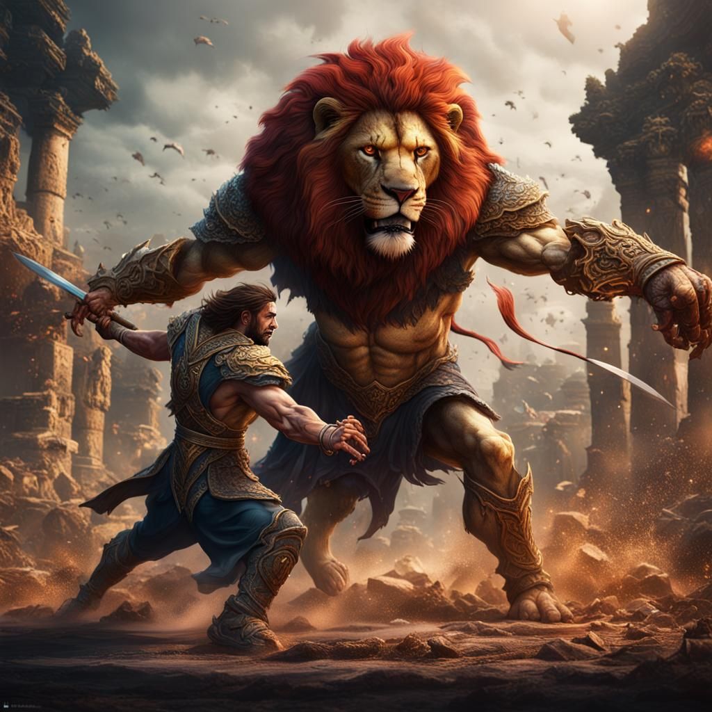 Lion-Man Battle: Detailed Fantasy Art