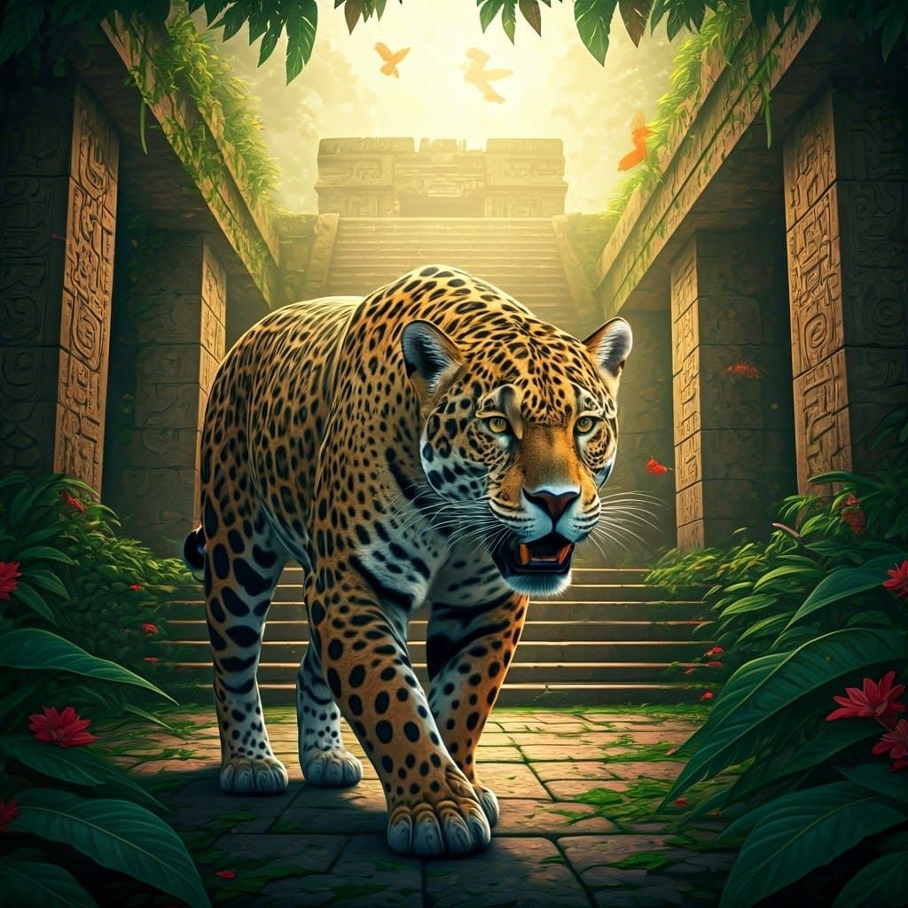 Jaguar Roaring in Aztec Temple: Surreal Digital Art