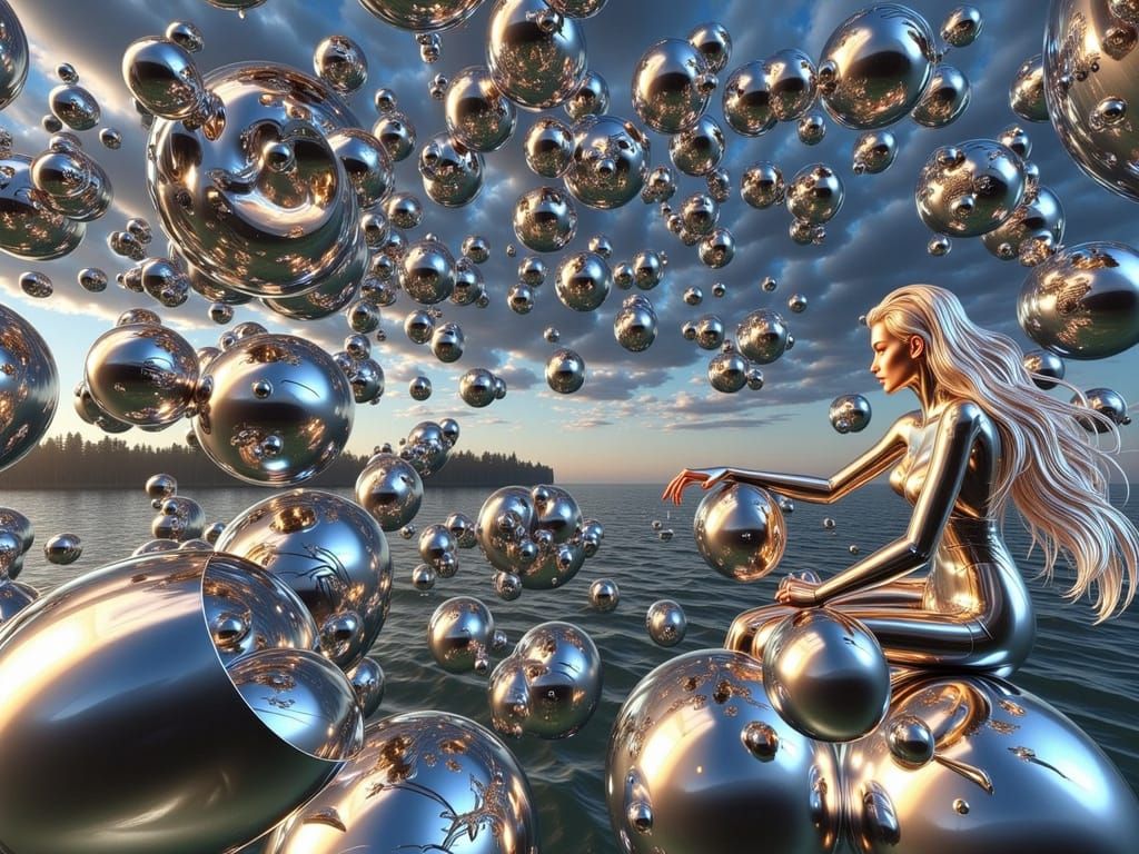 Goddess of Chrome Riding Metallic Orbs in Hyperrealistic Sty...