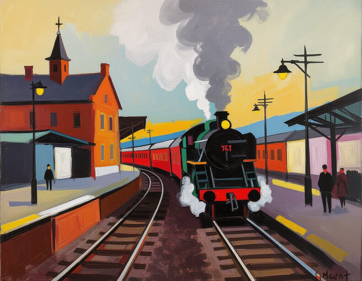 Abstract Expressionist Train Station Landscape Painting