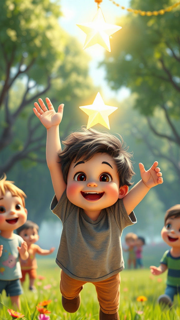 Toddler's Joyful Landing in 3D Pixar Cartoon Style