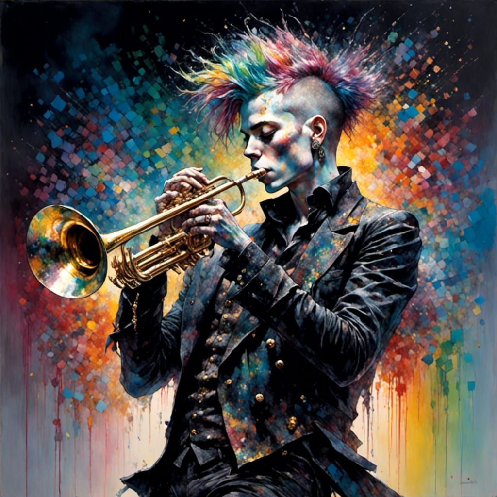 Punk Man Playing Trumpet with Rainbows