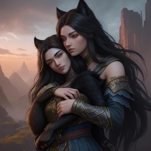 Fantasy Girls with Wolf and Kitten in Dreamlike Landscape