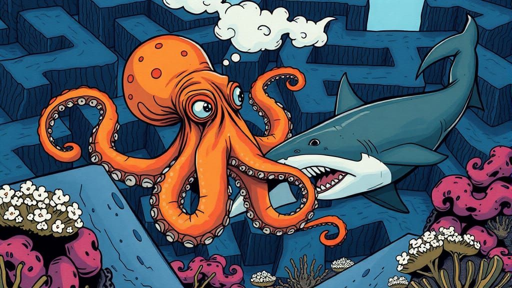 Clever Octopus Outsmarts Shark in Vibrant Reef Maze