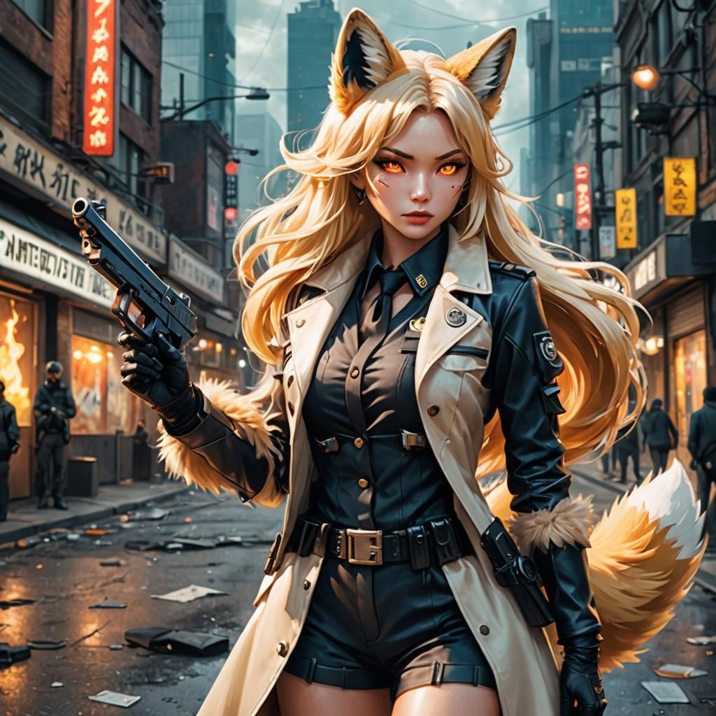 Kitsune Detective in Dystopian Dieselpunk Scene