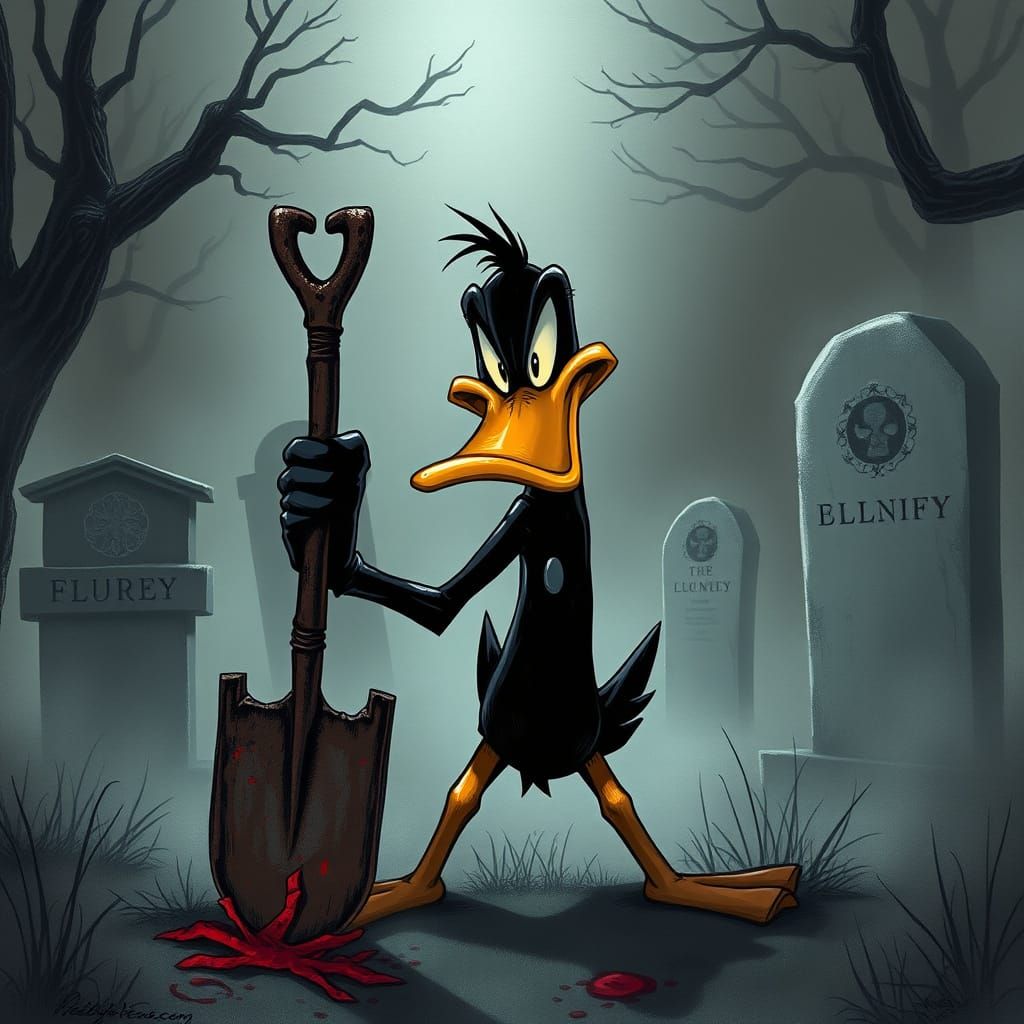 Daffy Duck as Gothic Horror Character in Graveyard