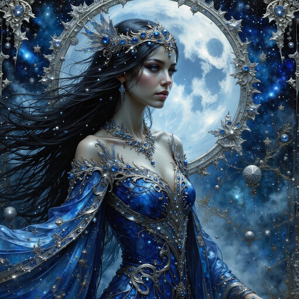 Sapphire-Eyed Sorceress in Art Nouveau Style