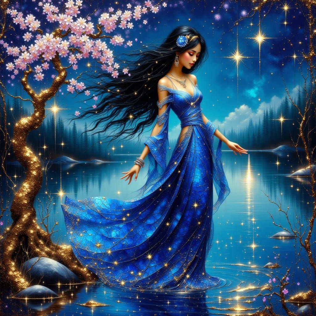 Asian Enchantress Casting Spell in Sơn Mài Style