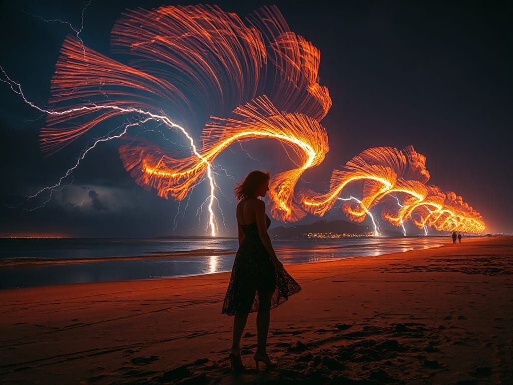 glowing curly whirlingtons on the beach at night salt-spray ...