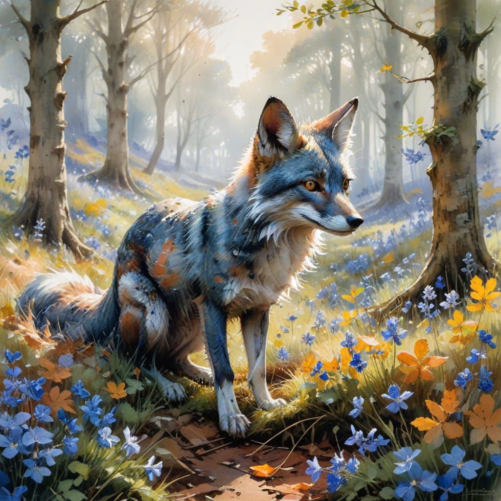 Silver Fox in Sunlit Oak Grove with Wildflowers