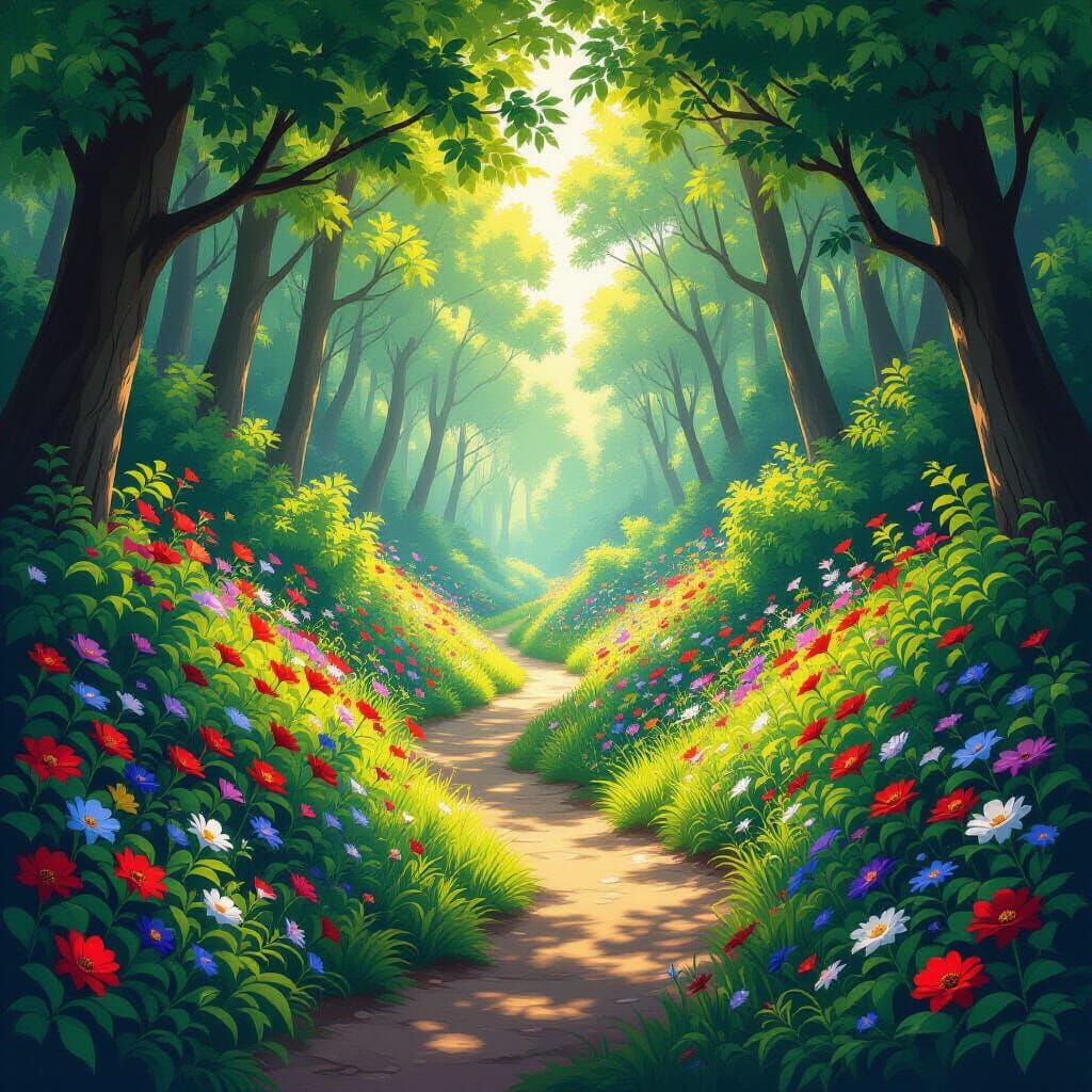 Enchanting Forest Path with Wildflowers in Digital Matte Sty...